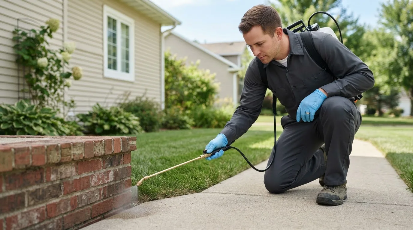 Pest control technician treating a home near Fredericksburg, VA